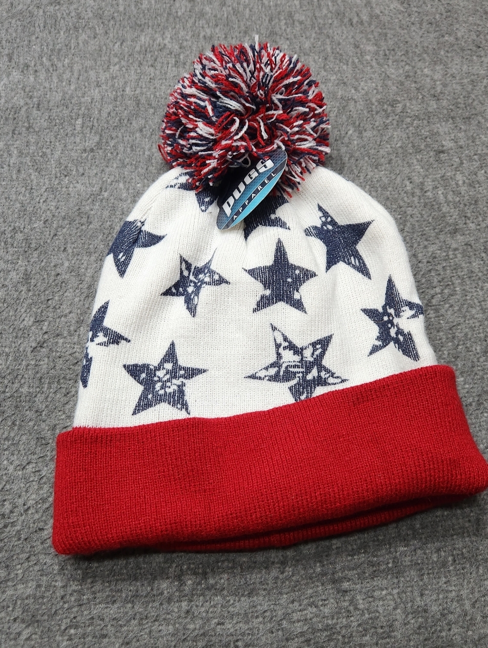Pugs Patriotic Beanie Red White Blue Stars Pom‎ Knit Winter Hat NWT